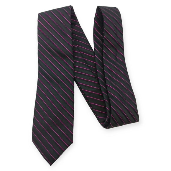 Jf ferrar Mens Tie Metallic Fuscia Diagonal Stripes Black Prom Clubwear 58" - Picture 1 of 6